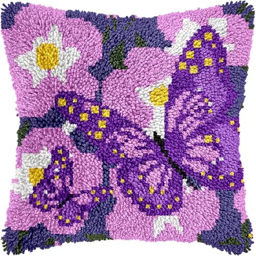 veirousa Butterfly Floral Latch Hook Kits for Adults Beginners DIY Crochet Pillow Kit Pre-Printed Pillowcase Hook and Latch Rug Kits Needlework Cushion Cover for Home Sofa Decoration 17x17 in. by VEIROUSA