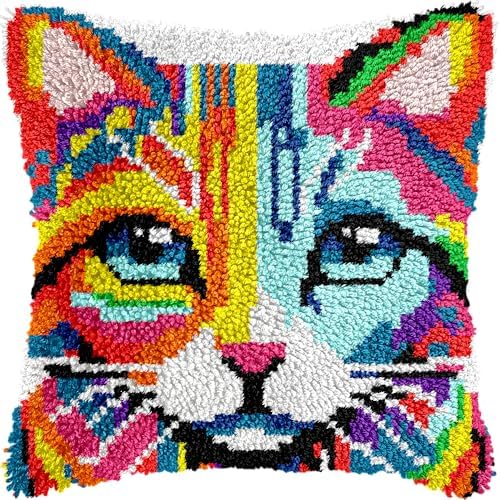 Colorful Cat Latch Hook Pillow Kits for Adults Beginner, Pre-printed Canvas by VEIROUSA