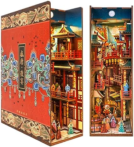 Tonecheer DIY Book Nook Kit for Adults, 3D Wooden Puzzle Bookend Bookshelf Insert Decor, Chinese Booknook Miniature House Kit with Body Motion Sensor LED Light (The Banquet of Tang Dynasty) by Tonecheer