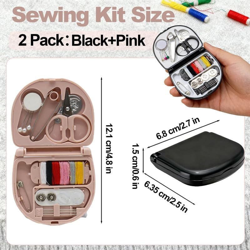 REROON 2 Pack Mini Travel Sewing Kit for Adult & Kid | Portable Sewing Box Kit Bulk | Small Emergency Repair Set with Thread Scissors Needle for Travel, Beginner DIY Handcraft | Black + Pink - Image 2