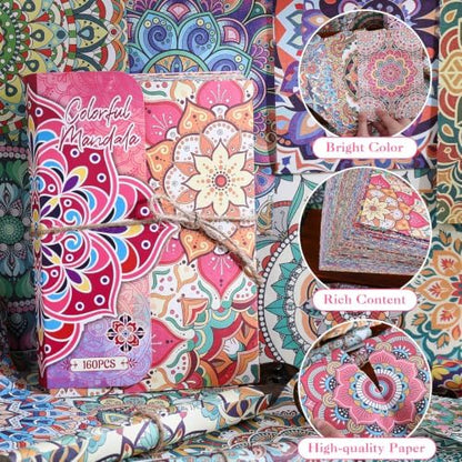 160 Sheets Boho Mandala Scrapbook Paper Set, Journaling Scrapbooking Supplies Craft Decoupage Papers Kit, Ephemera for Junk Journal Bullet Journals Well Posters Room Decor for Card Making Gift - Image 3
