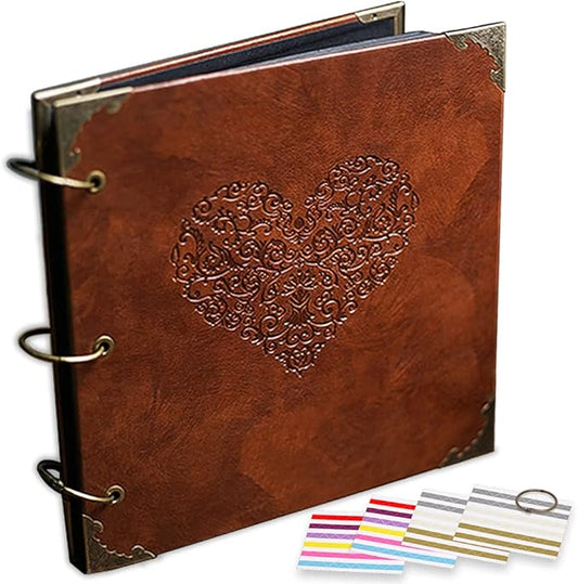 ADVcer Photo Album or DIY Scrapbook (10x10 inch 50 Pages Double Sided), Vintage Leather Cover Three-Ring Binder Picture Booth Albums with 9 Colors 408pcs Self Adhesive Photos Corners for Memory Keep
