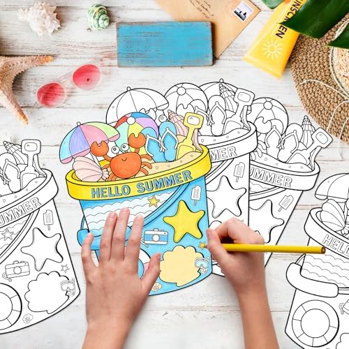 Sereliy 24 Pcs Summer Coloring Wreath Crafts, Color Your Own Bucket Crafts, DIY Paper Wreath for Summer Home Activities Games. (Bucket) - Image 4