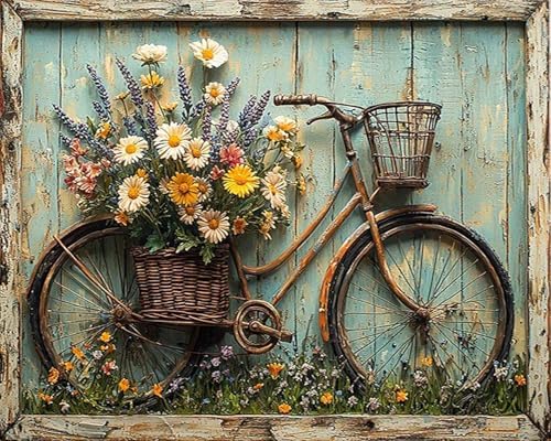 Clendo Vintage Paint by Numbers for Adults - Bicycle Adorned with a Basket Full of Blooming Flowers, DIY Paint by Number Acrylic Canvas Painting Art Kits for Home Decor 16x20 Inch (Without Frame) by Clendo