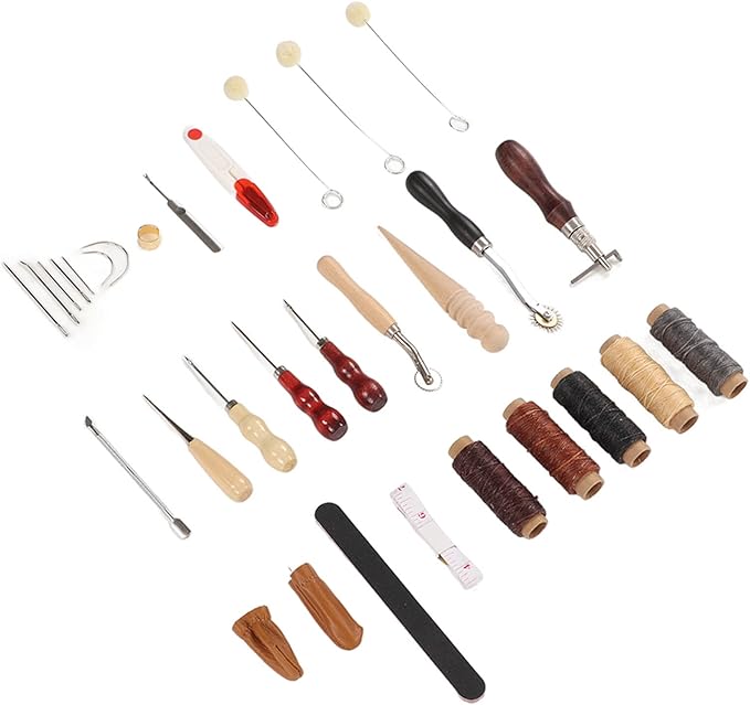Leather Sewing Kit, Leather Working Tools, Premium DIY Leather Craft Set with Wax Threads Needle Finger Cots Sanding Stick, Stainless Steel Leather Tools for Beginners Professional