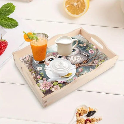 DoxQcs DIY Diamond Art Wooden Food Tray with Handle Diamond Painted Table Decoration Tray for Breakfast Bar Dinner Table Diamonds Art Painting for Beginners-Owl