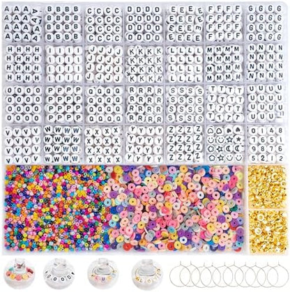 Acrylic Letter Beads Kit for Jewelry Making, 4x7mm Alphabet Beads with Clay Heishi & Seed Beads, Includes Metal Rings for Wine Glass Charms, for Concert Friendship Bracelets (White&Black) by Unknown