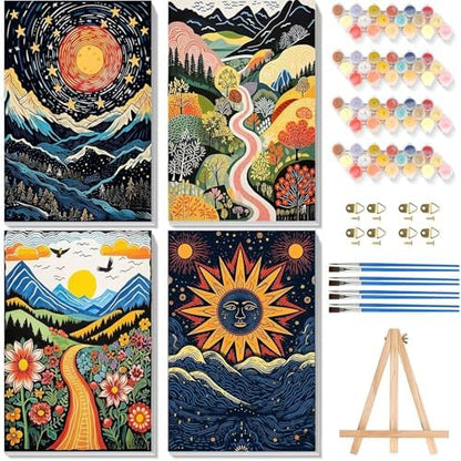 4 Pack Scenery Paint by Numbers for Adults with Frame Canvas - Wooden Easel by xackcme
