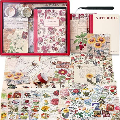 emmoolife Vintage Aesthetic Scrapbooking Supplies Kit, Flowers Botanical Bullet Junk Journal Kit with Journaling Supplies, Tweezers, A6 Grid Notebook,Stationery,Sticker, Birthday Craft Gift for Adult by emmoolife