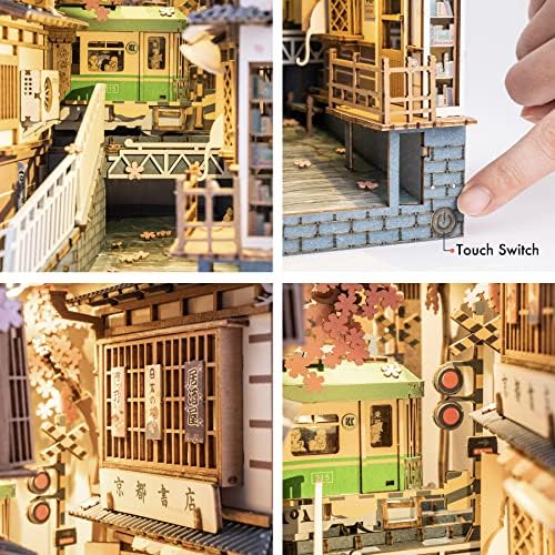 ROBOTIME DIY Book Nook Kit DIY Miniature Dollhouse Booknook Kit 3D Wooden Puzzle with LED Light,Decorative Bookend Bookshelf Insert Decor for Teens and Adults (Sakura Tram) - Image 5