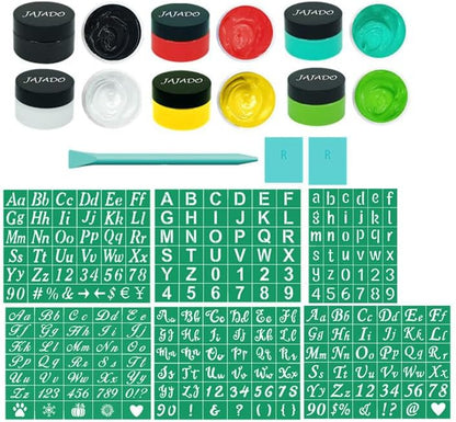 JAJADO Letter Stencils Symbol Numbers Stencils Paint Kit 14pcs, 5 Pcs Reusable Alphabet Templates, 3 Pcs Mini Squeegees, 6 Jars Chalk Paste Paint for Wood, Gift and Card Making, Fabric, Rock, Sign by JAJADO