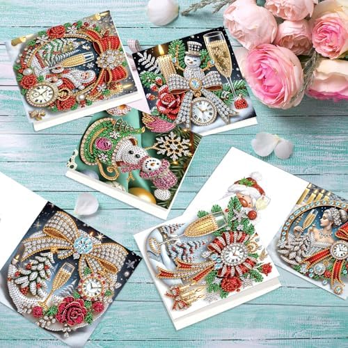 6pcs Christmas Diamond Painting Greeting Card with envelopes, DIY Santa Claus and champagne Diamond Art Greeting Card for Blessing and Wish Special Shaped Arts Crafts for Birthday Thanksgiving Day - Image 4