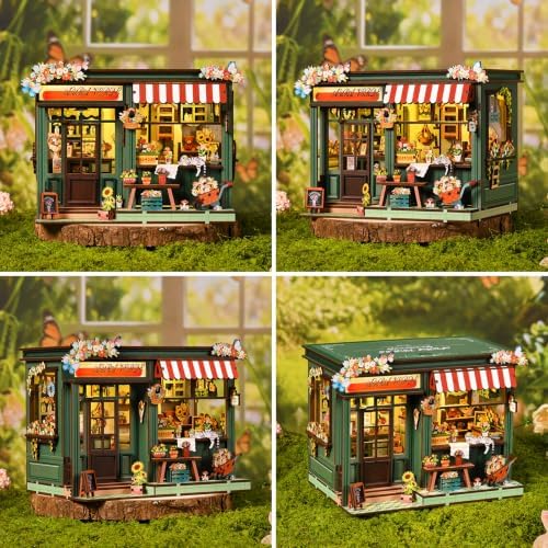 Book Nook DIY Miniature House Kit, 3D Wooden Puzzle Coffee House Dollhouse with Light & Tools, Creative Bookshelf Insert Craft Gifts for Adults Teens (Aura Verde Flower Room) - Image 6