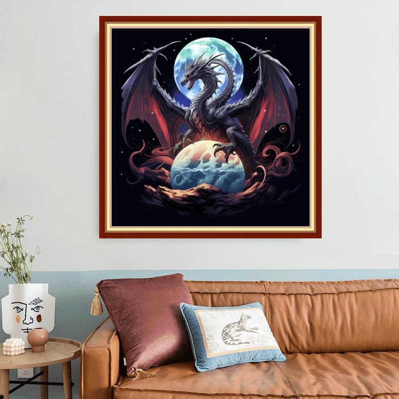 Joyhoor Stamped Cross Stitch Kits for Beginners, Needlepoint Kits for Adults, 11CT Counted Embroidery Kits-Moon Dragon 18x18 inchs - Image 2