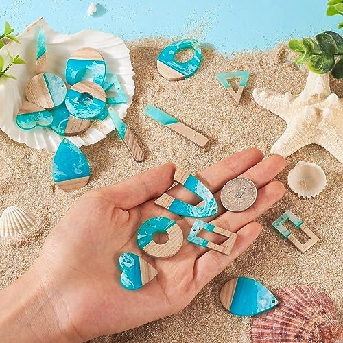 FASHEWELRY 20Pcs Ocean Resin Wood Earring Charms Transparent Wooden Earring Blanks Blue Geometry Boho Charms Summer Wooden Earring Pieces for DIY Jewelry Making - Image 4