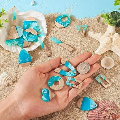 FASHEWELRY 20Pcs Ocean Resin Wood Earring Charms Transparent Wooden Earring Blanks Blue Geometry Boho Charms Summer Wooden Earring Pieces for DIY Jewelry Making - Image 4