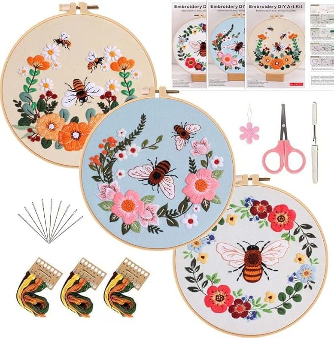 3 Pack Bees Flowers Embroidery Kit for Beginner Adults, Includes Clear Instructions, Embroidery Hoop, Stamped Patterns, Colorful Threads, Tools.Hand Craft Lover Gifts