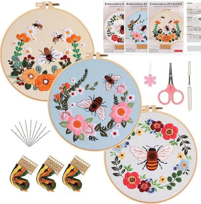 3 Pack Bees Flowers Embroidery Kit for Beginner Adults, Includes Clear Instructions, Embroidery Hoop, Stamped Patterns, Colorful Threads, Tools.Hand Craft Lover Gifts