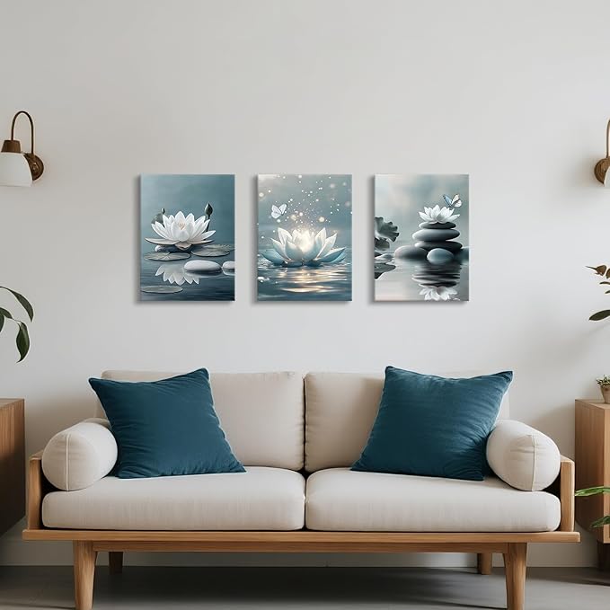 WENGTIAO 3Pcs Zen Stones Canvas Wall Art Prints Calm White Lotus Floral Bloom in Water Pictures Posters Butterfly Paintings Spiritual Meditation Artwork for Spa Yoga Living Room Bedroom Office 12x16x3