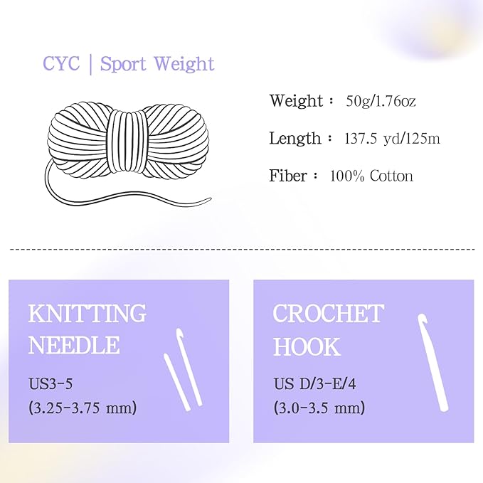 Katech 1OO% Cotton Yarn for Crocheting & Knitting–12-Color of 137 Yards/1.76 oz Baby Cotton Yarn Sport Weight CYC #2-Soft & Breathable-Ideal for Dishcloths, Baby Clothes, Potholders(E)