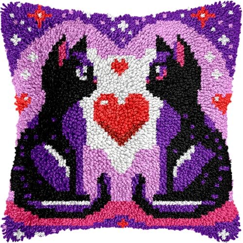 Couple Cats Valentine Latch Hook Kits for Adults Kids Beginners Cute Animals Latch Hook Pillow Kit Pre-Printed Latch Hook Rug Kits Cross-stitch Embroidery Cushion for Home Sofa Decoration 17x17 in. by VEIROUSA