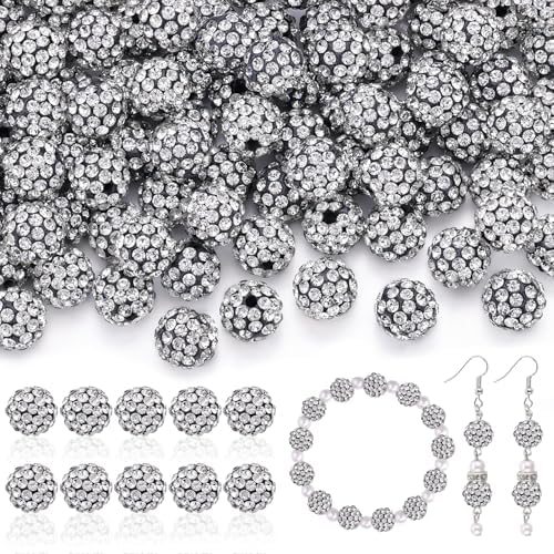 200pcs 10mm Rhinestone Beads for Jewelry Making, Black White Shiny Round Disco Ball Beads Bulk, Sparkle Crystal Clay Christmas for Bracelet Baseball Necklace Earring Crafting and DIY by TINKRSTUFF