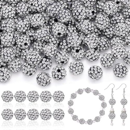 200pcs 10mm Rhinestone Beads for Jewelry Making, Black White Shiny Round Disco Ball Beads Bulk, Sparkle Crystal Clay Christmas for Bracelet Baseball Necklace Earring Crafting and DIY by TINKRSTUFF