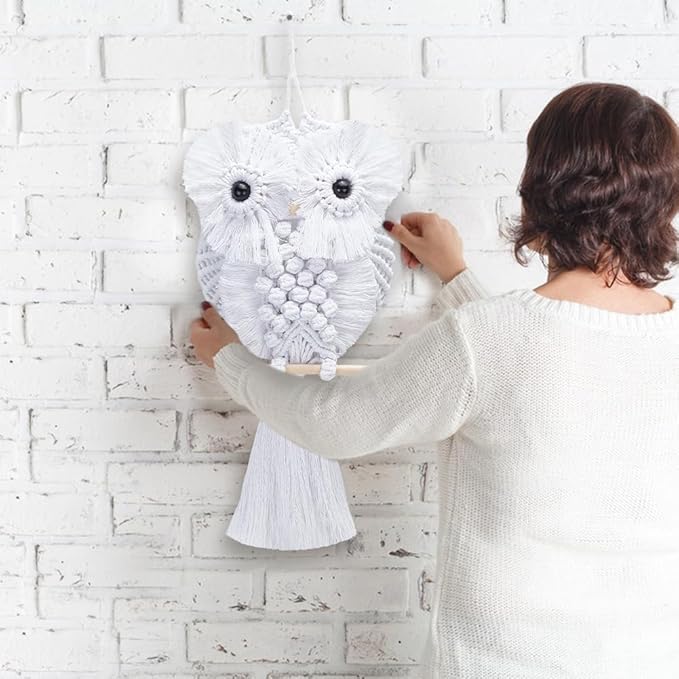 FREEBLOSS DIY Macrame Owl Kit with Instructions Macrame Wall Hanging Ornament Boho Wall Hanging Decor Pure White Macrame Tapestry Gift Macrame Kit for Beginners