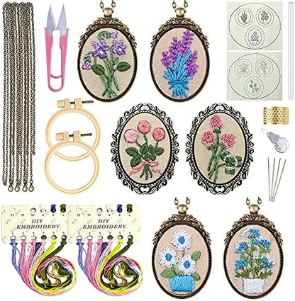 ZOCONE 6 Packs Embroidery Necklace Kits, Embroidery Pendant Kit Mini Cross Stitch Kit with Hoop, Necklace, Pendant, Brooch, Stamped Pattern Cloth, Instructions, etc. Embroidery Kits for Adults by ZOCONE