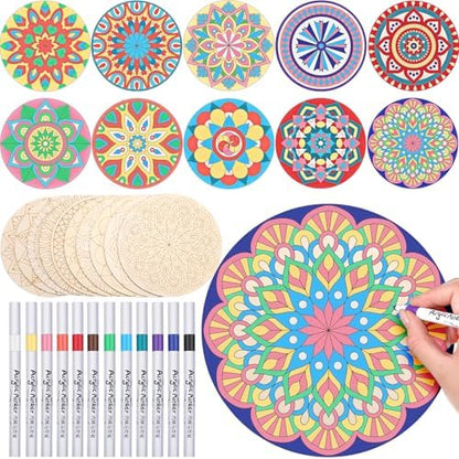Vercraft 22 Pcs Wooden Mandala Painting Set 10 Cutouts 12 Markers, Vintage by Vercraft