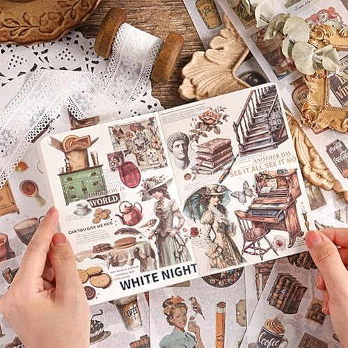 Vintage Scrapbook Stickers Book with 557pcs Stickers for Junk Journal Supplies, Aesthetic Washi Sticker Book for Journaling Dark Night Theme Ephemera for Junk Journal, Scrapbooking Supplies for Adults - Image 4