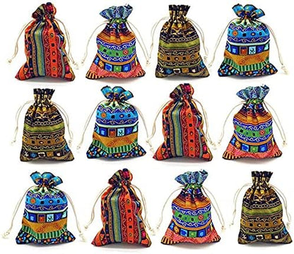 24pc Egyptian Style Jewelry Coin Pouch Print Drawstring Gift Bag Cotton Sachet Candy Travel Purse Ethnic Reusable Grocery for Party Favors Wedding Holiday