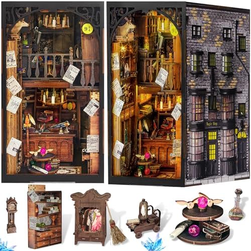 DIY Book Nook Kit, 3D Wooden Puzzle Miniature Booknook Bookend Bookshelf Decor with LED Light, Dust Cover, Book Nook Kits for Adults Teen Ideas by Fuiltee