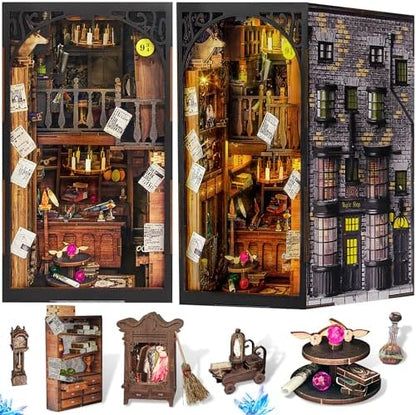 DIY Book Nook Kit, 3D Wooden Puzzle Miniature Booknook Bookend Bookshelf Decor with LED Light, Dust Cover, Book Nook Kits for Adults Teen Ideas by Fuiltee