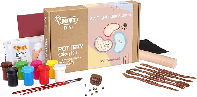 Jovi - DIY Air Dry Kit & Letter Stamp - Pottery Kit for Adults, Making Personalized Clay Pieces with White Air Dry Clay + Paints, Sculpting Tools, Step-by-Step Guide and Video Tutorial, Starter Set