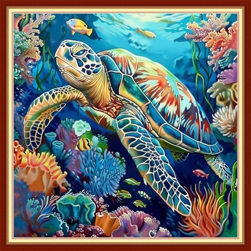 Joyhoor Cross Stitch Kits for Beginners Stamped Cross-Stitch Supplies Needlework preprint Embroidery Kits for Adults DIY Needlepoint Kit Embroidery Patterns 11CT-Underwater sea Turtle 18x18 inch by JoyhoorCrossStitchKits