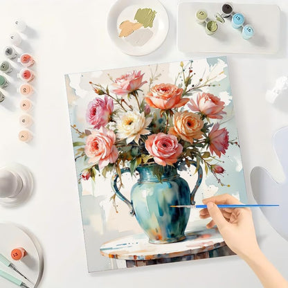 Rose Bouquet Paint by Numbers Kit for Adults - DIY Pink and White Roses in Vase Painting on Canvas 12x16In, Framed Acrylic Paint Set, Suitable for Beginners, Elegant Art for Home Decoration or Gifts - Image 3