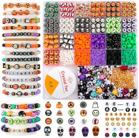 2150 Pieces Halloween Beads Bracelets Making Kit, Assorted Cute Fun Beads Polymer Clay Bead Skull Bead Charms for Jewelry Necklace Earring Making DIY Crafts by HSONAIGEE