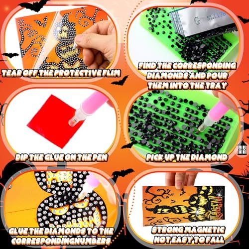 Saillong 12 Pack Halloween Diamond Painting Greeting Card Kits DIY Diamond Art Cards with Envelopes Bat Black Cat Pumpkin 5D Rhinestones Painting for Adults DIY Craft Family Friend Halloween Gifts - Image 5