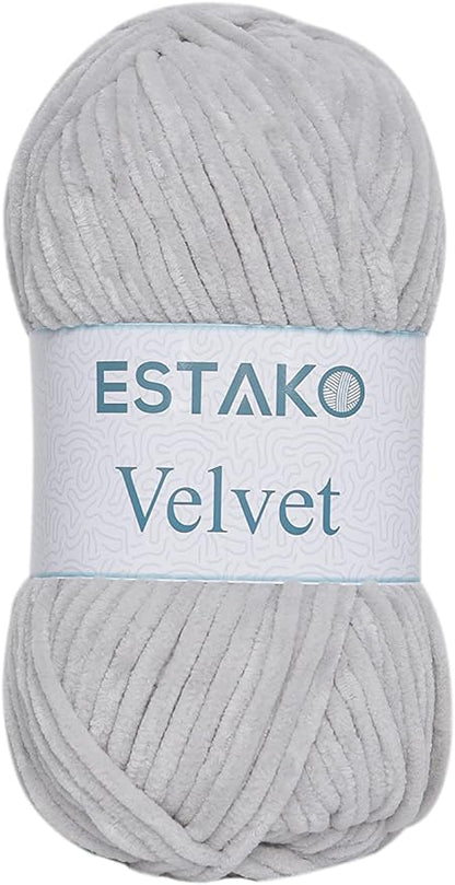 Estako Velvet Chenille Blanket amigurumi Yarn for Crocheting and Knitting Super Bulky 100 gr (132 yds) (1120 - Light Grey)