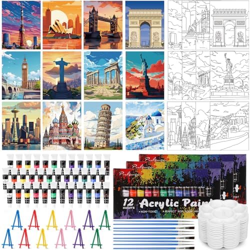 Sherr 108 Pcs Landmarks Sip and Paint Kit, Pre Drawn Canvas for Adults by Sherr