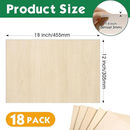 18 Pack Basswood Sheets12x18x1/8 Inch, Unfinished Wood for Crafts, 3mm Basswood for Laser Cutting & Engraving, Wood Burining,Architectural Models, Wood Board for Painting.