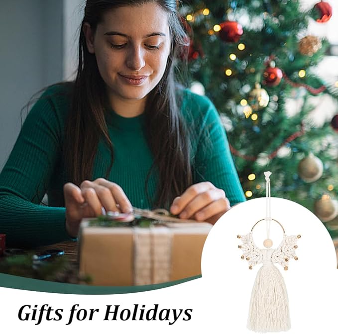ORIGACH 3 Set DIY Angel Macrame Kit, Boho Macrame Angel Kit Wall Hanging Ornament for Beginners, Angel with Golden Beads Macrame DIY Kit with Instruction Tutorial for Adults