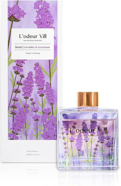 L'odeur Vill Reed Diffuser Set/Lavender Geranium/3.38 fl.oz（100ML）/1 Pack with 6 Reed Sticks/Home Fragrance Diffuser, Oil Scent Diffuser for Bathroom Shelf Decor.