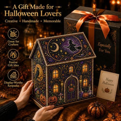 Halloween Wooden House 3D Rhinestone Diamond Art DIY Kit, for Adults, Wooden 3D House with Round Rhinestones and Pearl Accents for Hands-on Halloween Crafting and Tabletop Seasonal Decor. (Style-D) - Image 6