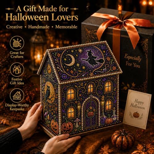 Halloween Wooden House 3D Rhinestone Diamond Art DIY Kit, for Adults, Wooden 3D House with Round Rhinestones and Pearl Accents for Hands-on Halloween Crafting and Tabletop Seasonal Decor. (Style-B) - Image 6