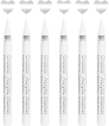 Grabie 6 White Extra Fine Tip Acrylic Paint Marker Set, 6 Pack, 0.7mm Acrylic Paint Pens for Highlights, Highlight Markers (6 White Acrylic Markers)