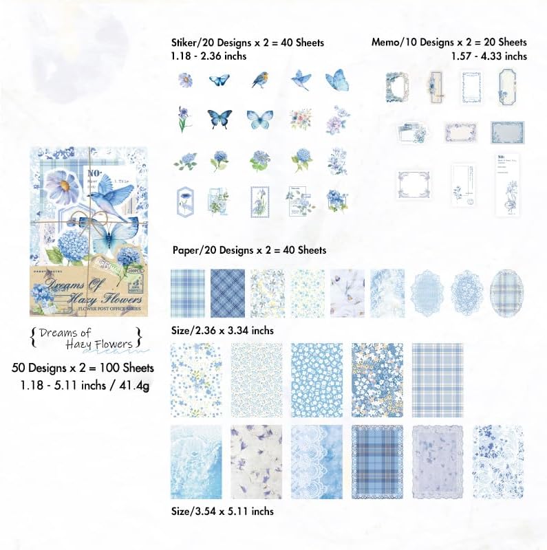 OKUPAN Vintage Floral Scrapbook Paper & Journaling Stickers (100pcs) Assorted Set (Blue) - Junk Journal Supplies for Bullet Journaling, Retro Crafts, Planner, Mixed Media, Collage Card Album - Image 3