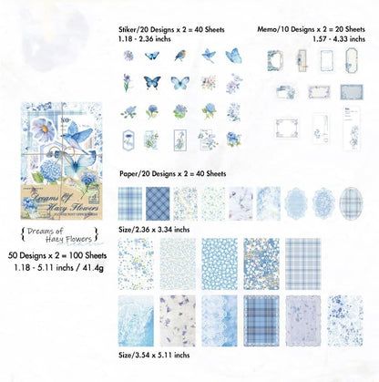 OKUPAN Vintage Floral Scrapbook Paper & Journaling Stickers (100pcs) Assorted Set (Blue) - Junk Journal Supplies for Bullet Journaling, Retro Crafts, Planner, Mixed Media, Collage Card Album - Image 3