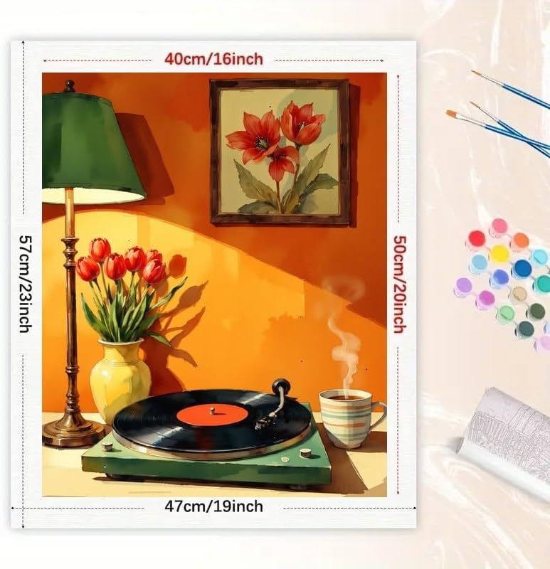 Vintage Vibes Paint by Numbers Kit for Adults - DIY Retro Vinyl Records and Red Tulips Painting on Canvas 16x20In, Acrylic Paint Set, Suitable for Beginners, Classic Art for Decoration/Gifts - Image 2